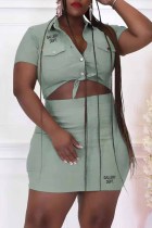 Light Green Casual Print Letter Turndown Collar A Line Plus Size Two Pieces