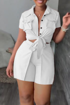 White Casual Solid Patchwork Pocket Buckle Turndown Collar Short Sleeve Two Pieces