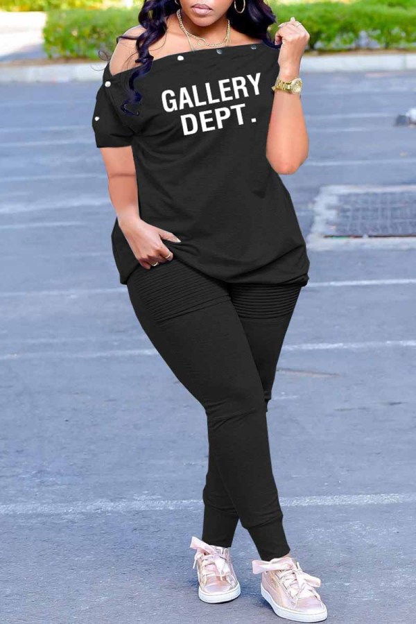 Black Casual Print Letter Off the Shoulder Short Sleeve Two Pieces
