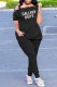 Black Casual Print Letter Off the Shoulder Short Sleeve Two Pieces
