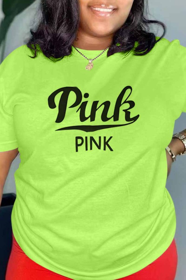 Fluorescent Green Casual Print Letter O Neck T-Shirts