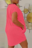 Rose Red Casual Street Print Letter O Neck Irregular Dress Dresses