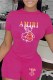 Rose Red Casual Print Letter O Neck Short Sleeve Two Pieces