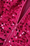 Rose Red Sexy Patchwork Sequins Backless V Neck Sleeveless Dress Dresses