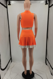 Tangerine Red Sexy Print Patchwork Zipper Collar Sleeveless Two Pieces