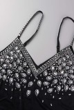 Black Sexy Patchwork Hot Drilling Backless V Neck Sling Dress Dresses