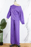 Purple Casual Print Polka Dot Patchwork Oblique Collar Long Sleeve Two Pieces