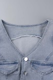 Sky Blue Sexy Casual Solid Patchwork Fold V Neck Sleeveless Two Pieces
