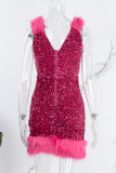 Rose Red Sexy Patchwork Sequins Backless V Neck Sleeveless Dress Dresses