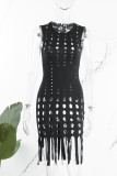 Green Sexy Casual Solid Tassel Hollowed Out O Neck Sleeveless Dress Dresses
