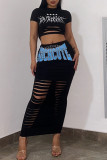 Black Street Print Hollowed Out Patchwork O Neck Short Sleeve Two Pieces