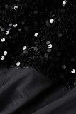 Black Sexy Patchwork Sequins See-through Backless Strapless Sleeveless Two Pieces