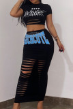 Black Street Print Hollowed Out Patchwork O Neck Short Sleeve Two Pieces