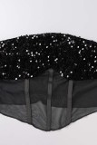 Black Sexy Patchwork Sequins See-through Backless Strapless Sleeveless Two Pieces