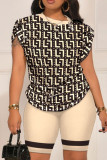Cream White Casual Print Patchwork O Neck Short Sleeve Two Pieces