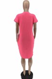 Rose Red Casual Street Print Letter O Neck Irregular Dress Dresses