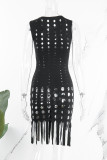 Black Sexy Casual Solid Tassel Hollowed Out O Neck Sleeveless Dress Dresses