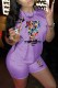 Purple Casual Print Letter O Neck Short Sleeve Two Pieces