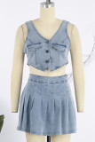 Sky Blue Sexy Casual Solid Patchwork Fold V Neck Sleeveless Two Pieces