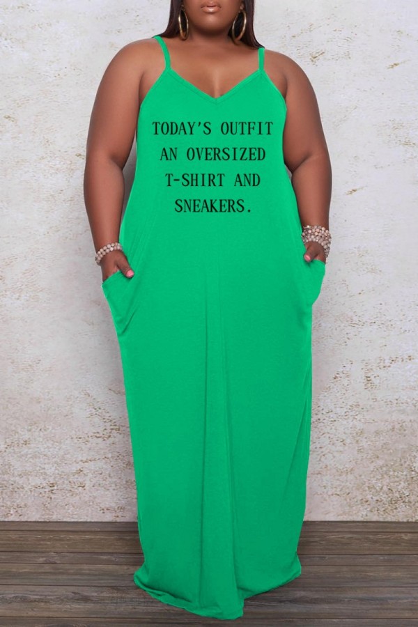 Green Sexy Casual Letter Print Solid Backless Spaghetti Strap Long Dress Plus Size Dresses