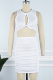 White Sexy Casual Solid Hollowed Out Fold O Neck Sleeveless Two Pieces
