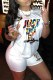White Casual Print Letter O Neck Short Sleeve Two Pieces