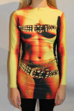 Yellow Sexy Street Print Patchwork O Neck One Step Skirt Dresses