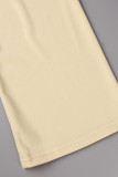 Apricot Casual Letter Print Slit Oblique Collar Plus Size Dresses