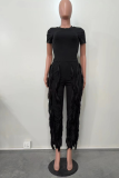 Black Sexy Solid Tassel O Neck Short Sleeve Two Pieces