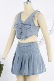 Sky Blue Sexy Casual Solid Patchwork Fold V Neck Sleeveless Two Pieces