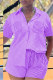 Purple Casual Striped Patchwork Turndown Collar Short Sleeve Two Pieces