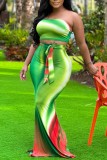 Multicolor Sexy Print Tie Dye Backless Strapless Sleeveless Two Pieces