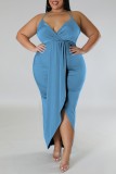 Blue Sexy Solid Patchwork Backless V Neck Sling Dress Plus Size Dresses