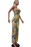 Yellow Sexy Print Leopard Patchwork Backless Halter Straight Jumpsuits