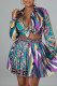 Blue Purple Sweet Print Patchwork Turndown Collar Long Sleeve Two Pieces