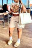 Khaki Casual Print Patchwork O Neck Short Sleeve Two Pieces