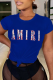 Navy Blue Casual Street Print Patchwork Letter O Neck T-Shirts