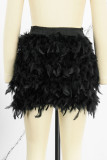 Orange Celebrities Solid Patchwork Feathers High Waist Straight Solid Color Bottoms