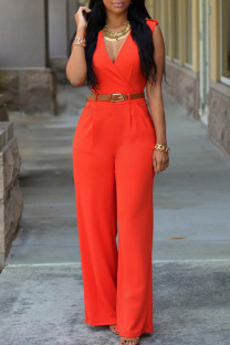 Tangerine Red Casual Solid Patchwork With Belt V Neck Straight Jumpsuits (Contain The Belt)
