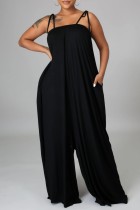 Black Casual Solid Bandage Backless Spaghetti Strap Loose Jumpsuits
