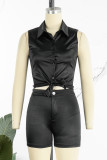 Black Casual Solid Buttons Turndown Collar Sleeveless Two Pieces