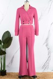Rose Red Casual Solid Patchwork V Neck Long Sleeve Two Pieces