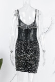 Black Sexy Patchwork Hot Drilling Backless V Neck Sling Dress Dresses