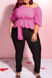 Rose Red Casual Solid Patchwork Oblique Collar Plus Size Tops