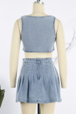 Sky Blue Sexy Casual Solid Patchwork Fold V Neck Sleeveless Two Pieces