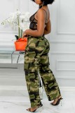 Blue Casual Camouflage Print Patchwork Regular High Waist Conventional Full Print Trousers