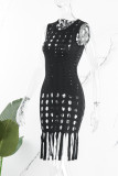 Black Sexy Casual Solid Tassel Hollowed Out O Neck Sleeveless Dress Dresses