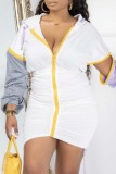 Grey Casual Patchwork Fold Contrast Zipper Hooded Collar Long Sleeve Dresses