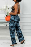 Blue Casual Camouflage Print Patchwork Regular High Waist Conventional Full Print Trousers
