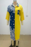 Yellow Blue Casual Print Patchwork Pocket Buttons Turndown Collar Straight Dresses